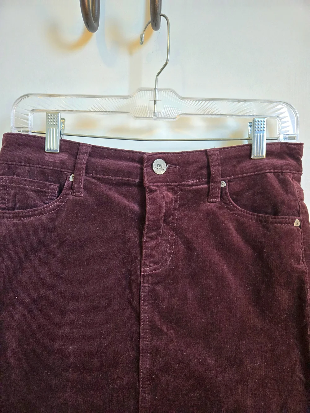 Kut from the Kloth Distressed Hem Corduroy Mini Skirt in Burgundy